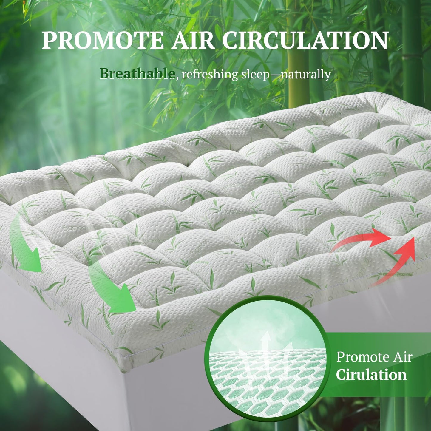 Mattress Topper Queen Size,Viscose Made from Bamboo Pillow Top Mattress Topper,1200 GSM Cooling Mattress Pad,2In Extra Thick Pillow Top for Back Pain with 8"-18" Deep Pocket(60"x80")
