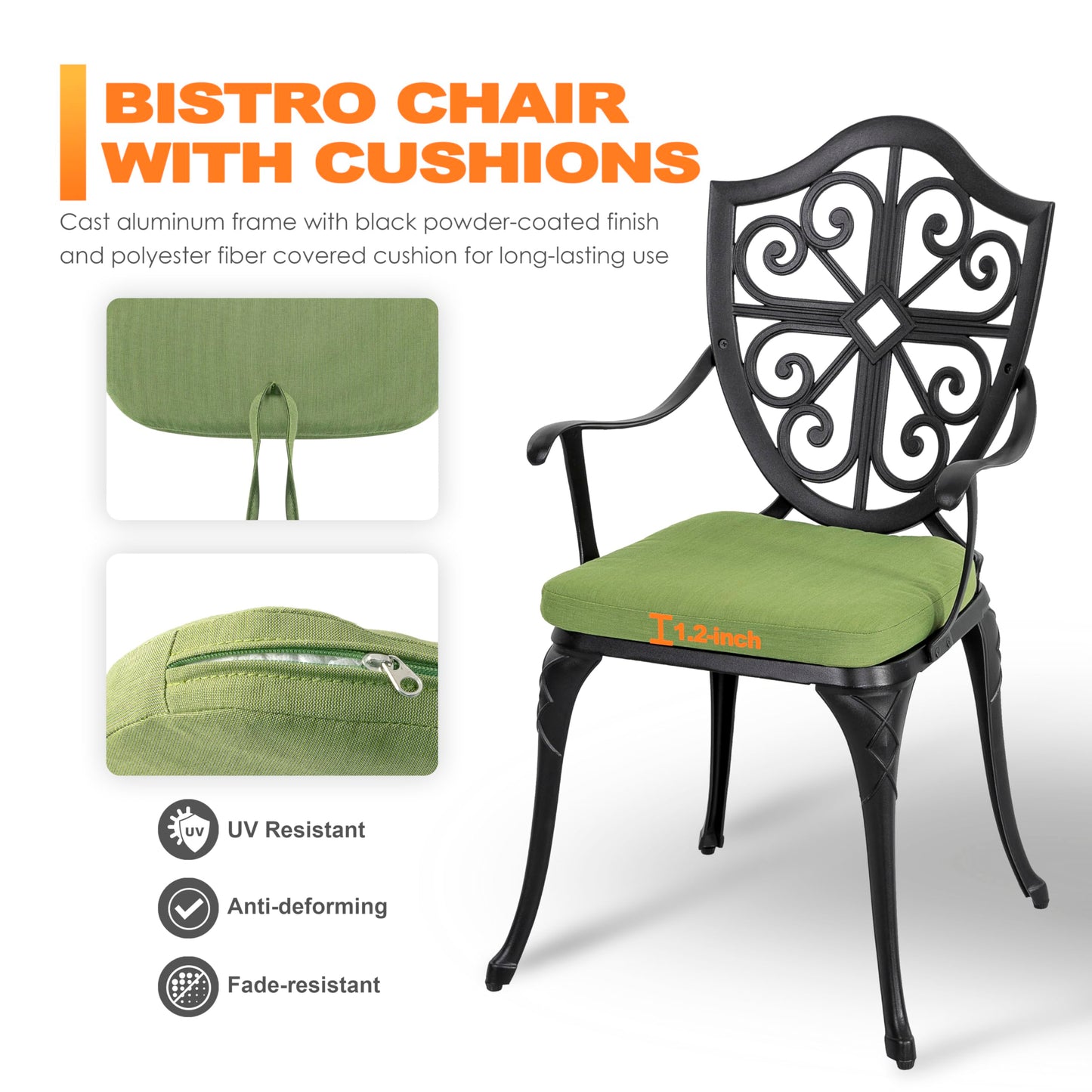 NUU GARDEN 3 Piece Outdoor Bistro Set Cast Aluminum Patio Set Bistro Table Set Rustproof Patio Table and Chairs with Umbrella Hole and Green Cushions for Backyard, Balcony, Porch, Black
