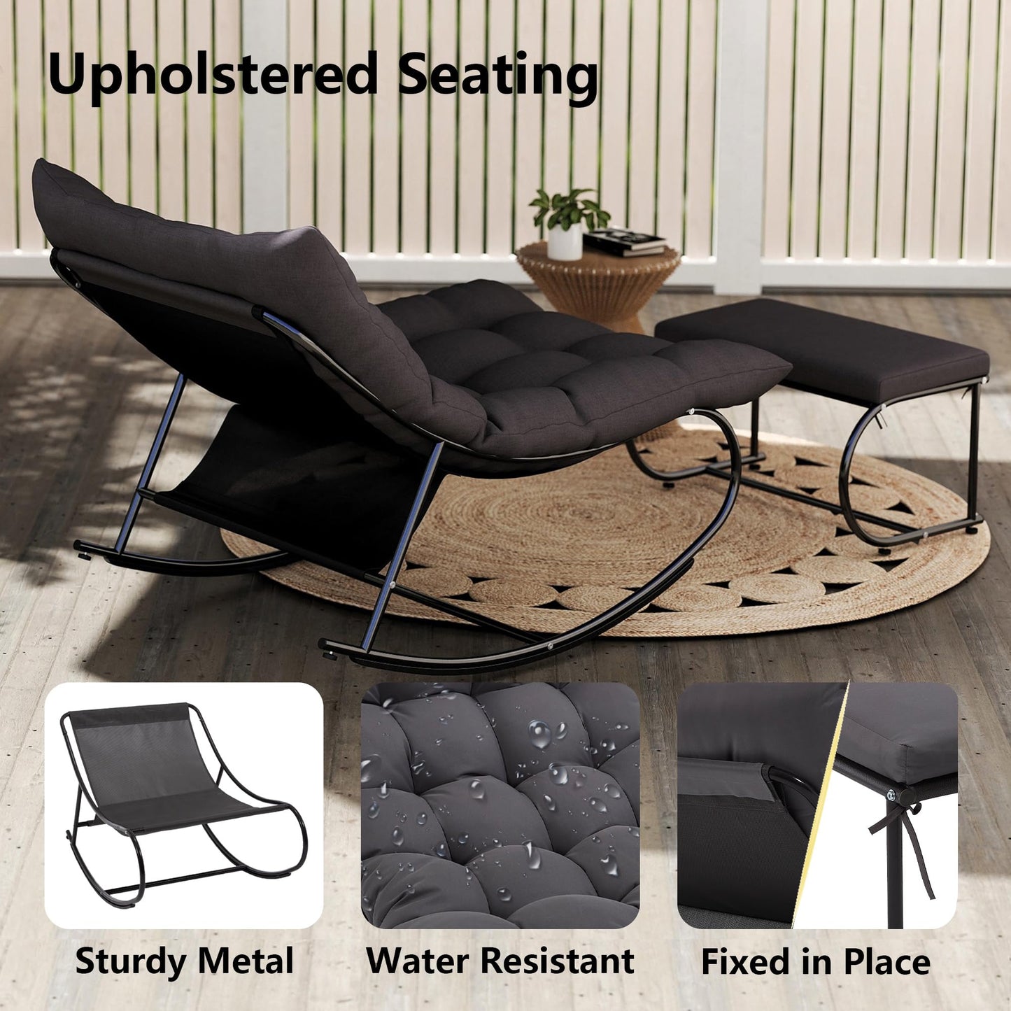 DAYARUS Upholstered Outdoor Rocking Chairs, Modern Patio Rocking Chair Set of 2 with Foot Rest, Study Metal Papasan Rocking Chair, Cozy Rockings Recliner Chair for Bedroom/Living Room/Lawn, Gray