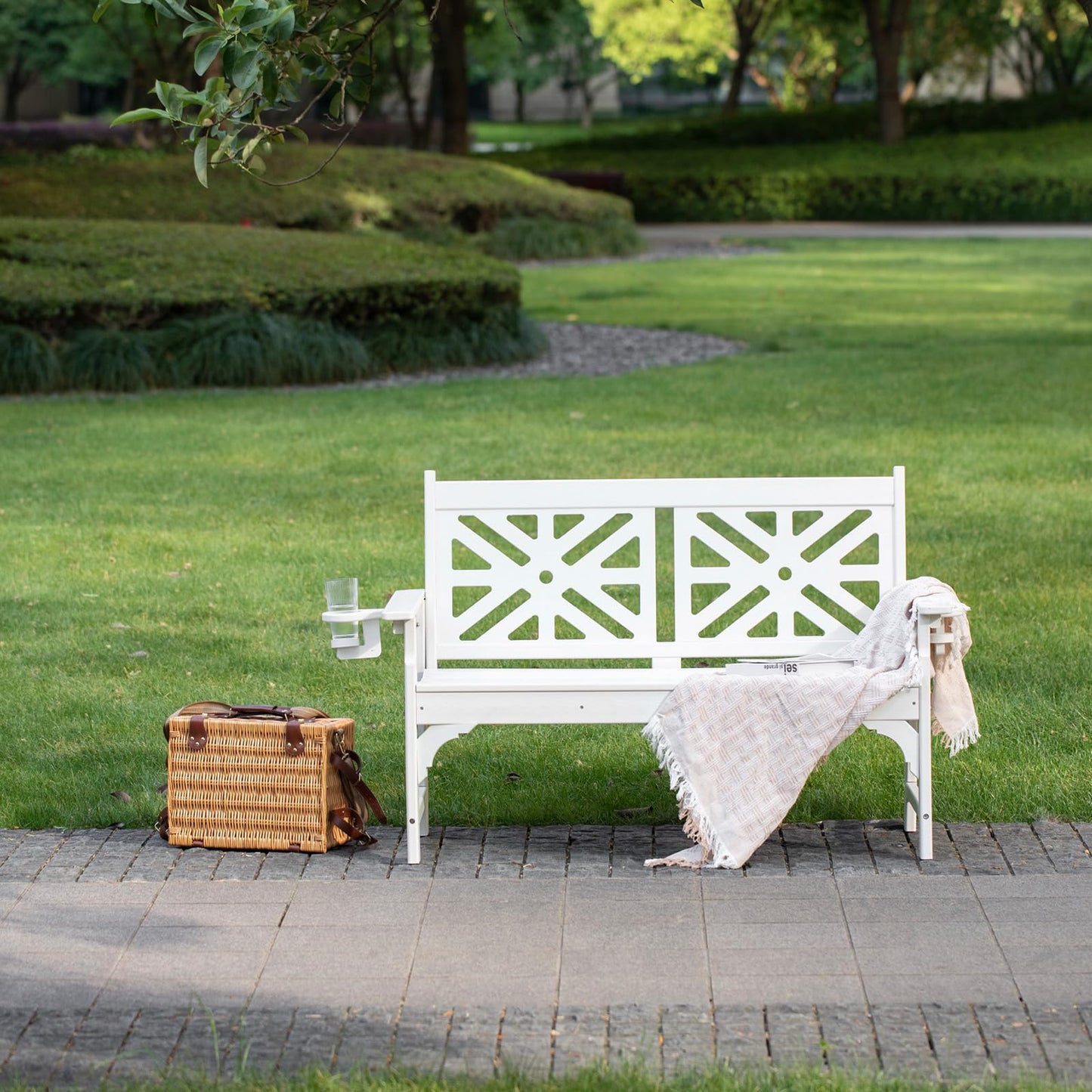 nalone Outdoor Bench with Cup Holders, HDPE All Weather Porch Bench Load up to 800 Lbs, 2-Person Garden Benches Rot-Proof Fade Proof for Patio, Porch, and Park (White)