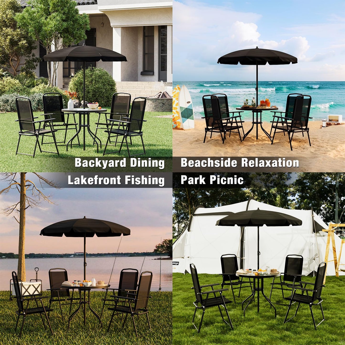 TAVATA 6 Piece Patio Dining Set with Umbrella, Outdoor Furniture Set with 4 Folding Chairs & Portable Metal Garden Table for Lawn, Backyard, Deck, Camping（Black）
