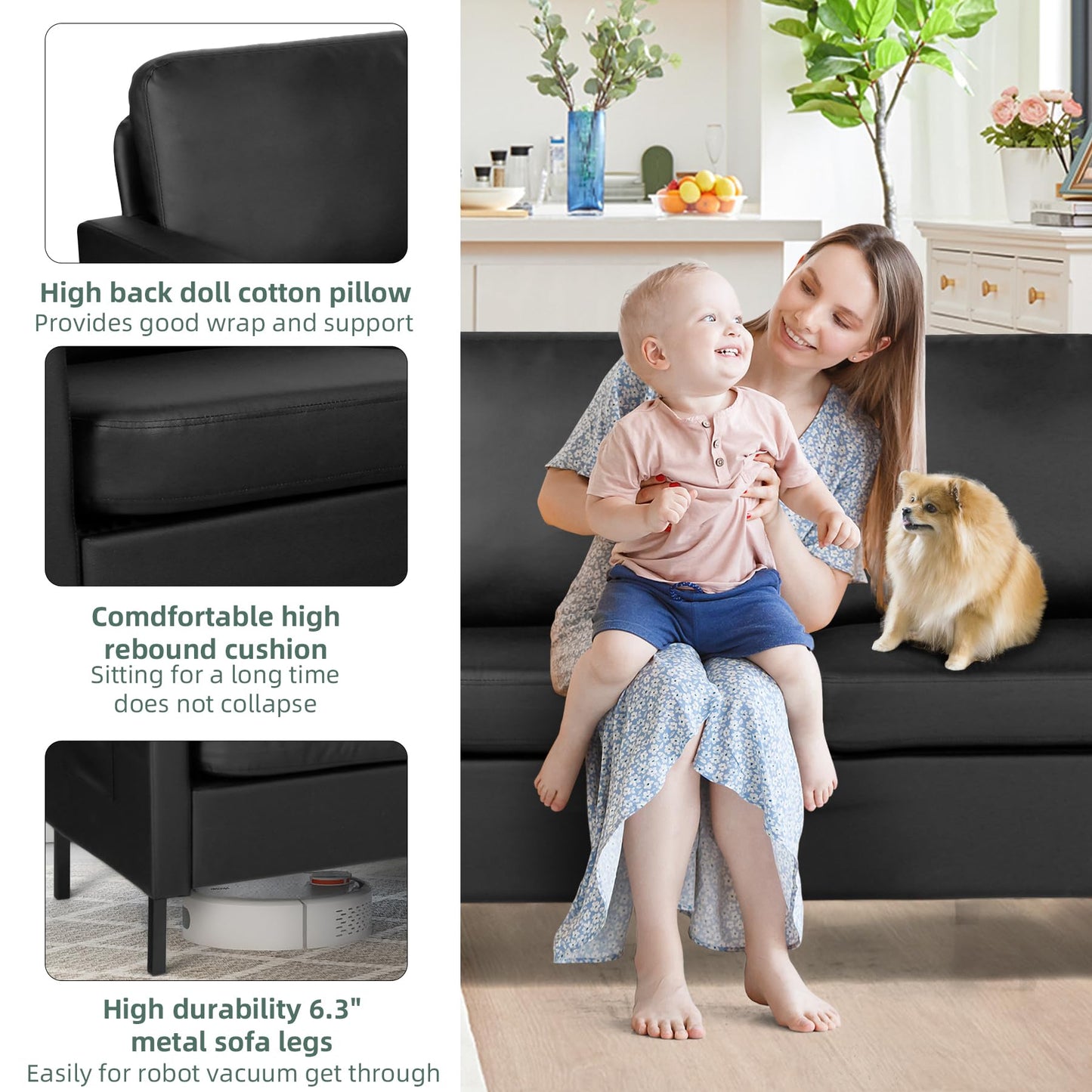 STHOUYN 72" W Faux Leather Black Sofa 3 Seat Couch, Modern Comfy Couch with 2 USB, Small Couches for Living Room Apartment Bedroom Small Spaces, Office(Black (Sofa))