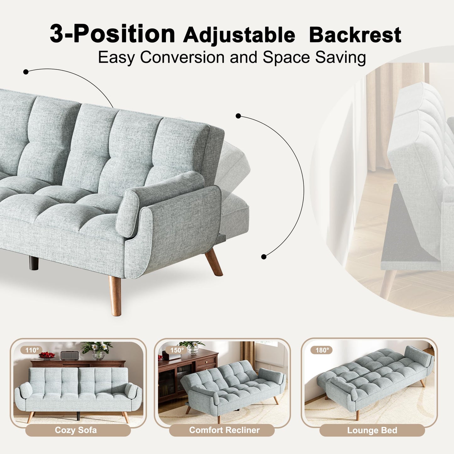 usihxjg 75.4″ Futon Sofa Bed - Convertible Sleeper Couch with Adjustable Backrest, Comfy Loveseat for Small Spaces, Living Room, Bedroom - Grey