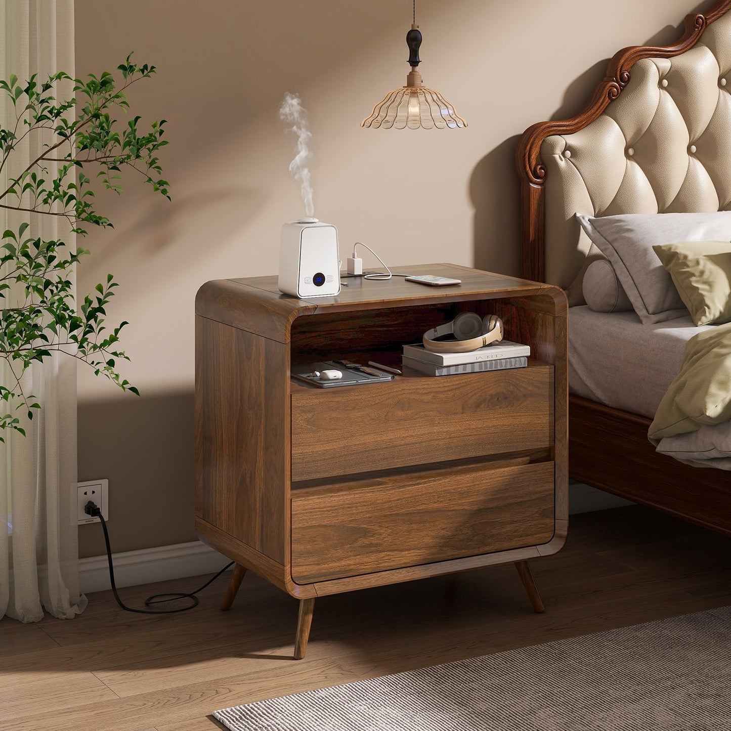 Nasonet Night Stand with Charging Station, 23.7" Wide Mid Century Modern Nightstand with Drawers, Curved Edge, Wood Bedside End Table for Bedroom, Walnut