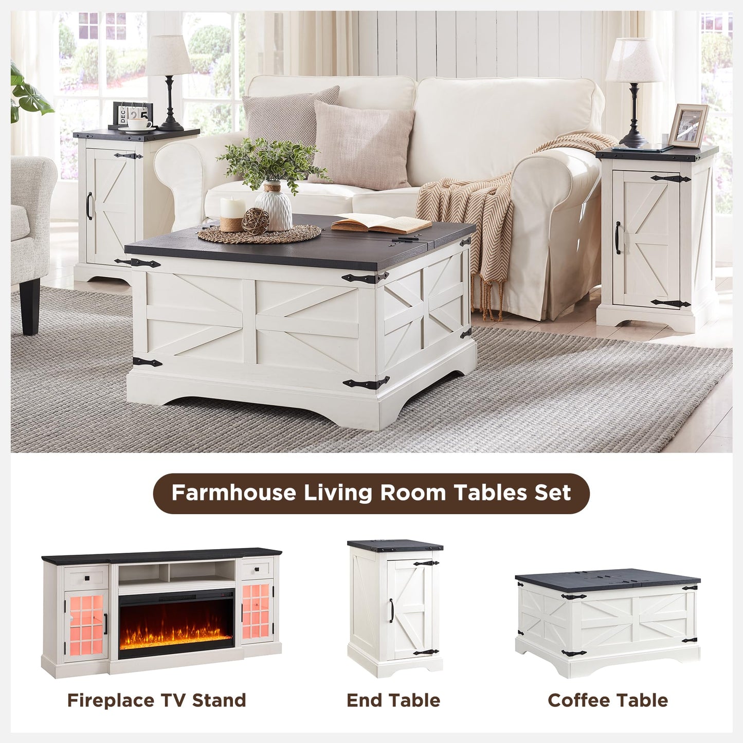 JXQTLINGMU Farmhouse Lift Top Coffee Table with Storage, 36" Wood Square Center Table with Large Hidden Compartment, Rustic Lift Tabletop Dining Table for Home Living Room, White
