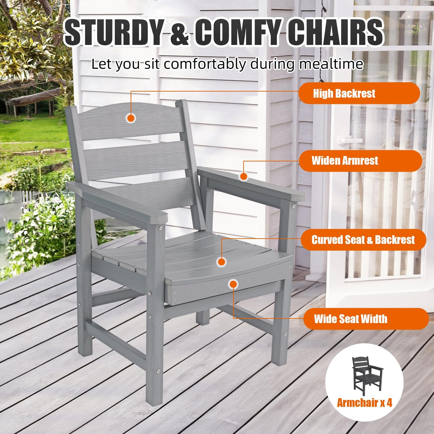 Sunnibety 5-Piece HIPS Patio Dining Set, Outdoor Dining Table and Chairs Set with Umbrella Hole, Weatherproof Dining Table Set for 6 Person, Patio Furniture Set for Outside Deck, Grey