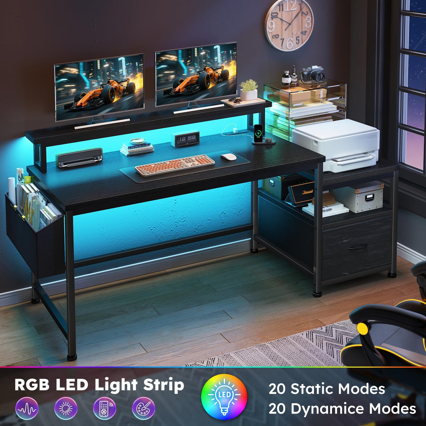 Gaming Desk with Power Outlets and LED Lights,57" Computer Desk with Drawers and Printer Space,Office Desk with File Drawers Cabinet,Gaming Table with Shelves Monitor Stand,Living Room,Bedroom,Black