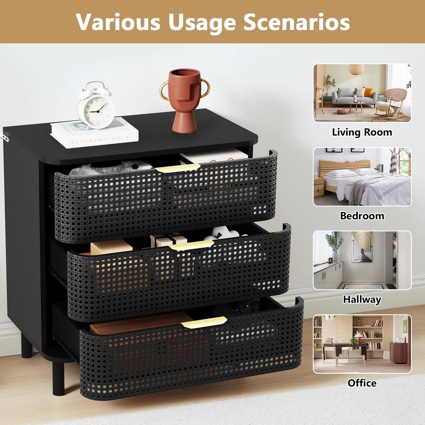 YZRSTY 3 Drawer Dresser for Bedroom, Modern Iron Closet Dressers Chest of Drawers, Boho Rattan Wide Dresser Nightstand with Storage Drawers for Living Room, Dressing Room, Entryway, Hallway