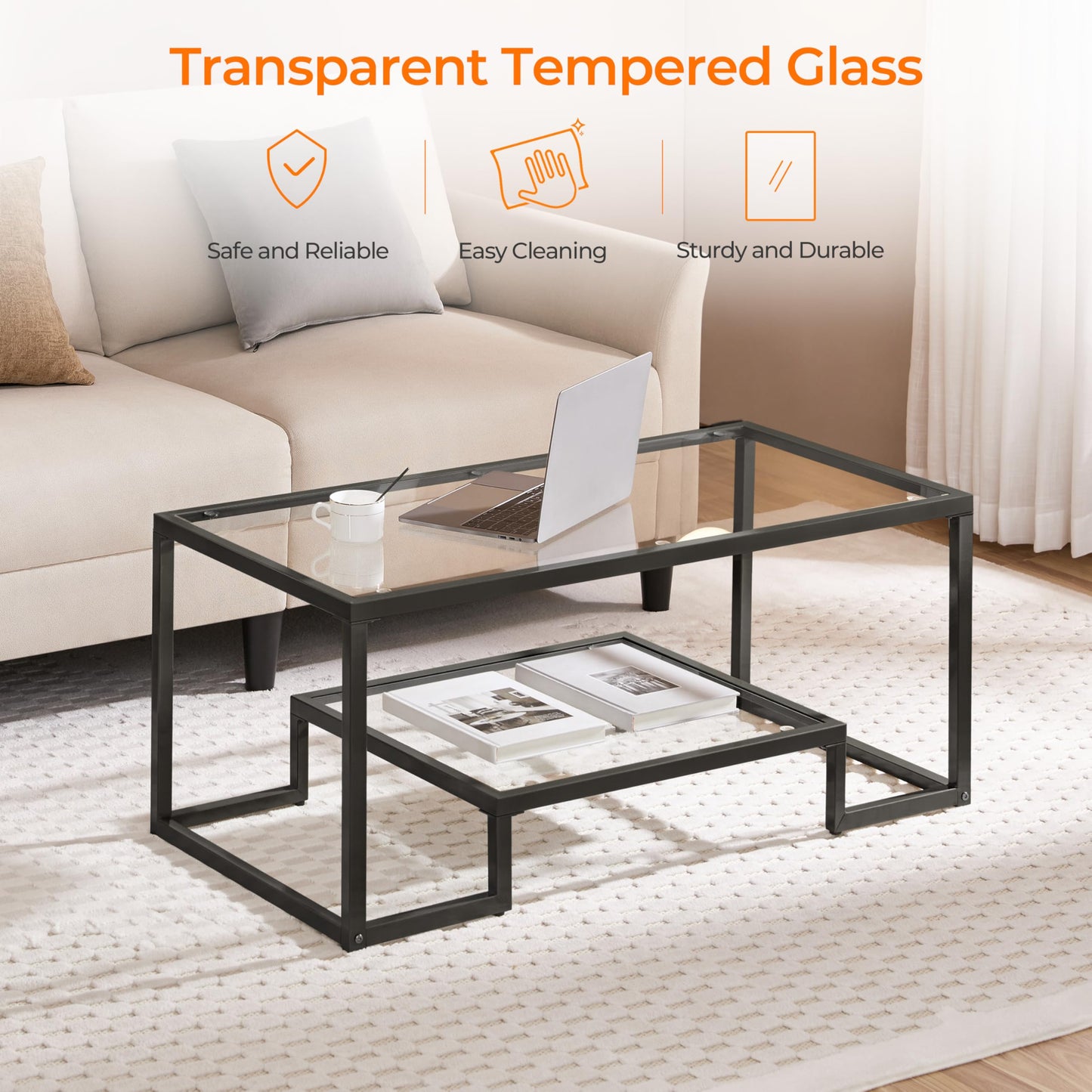 Yaheetech Coffee Table, Tempered Glass Coffee Table, Modern Simple Center Tables w/Geometric-Inspired Design & Metal-Frame & Easy Assembly & Open Storage Shelf for Living Room, Office, Black