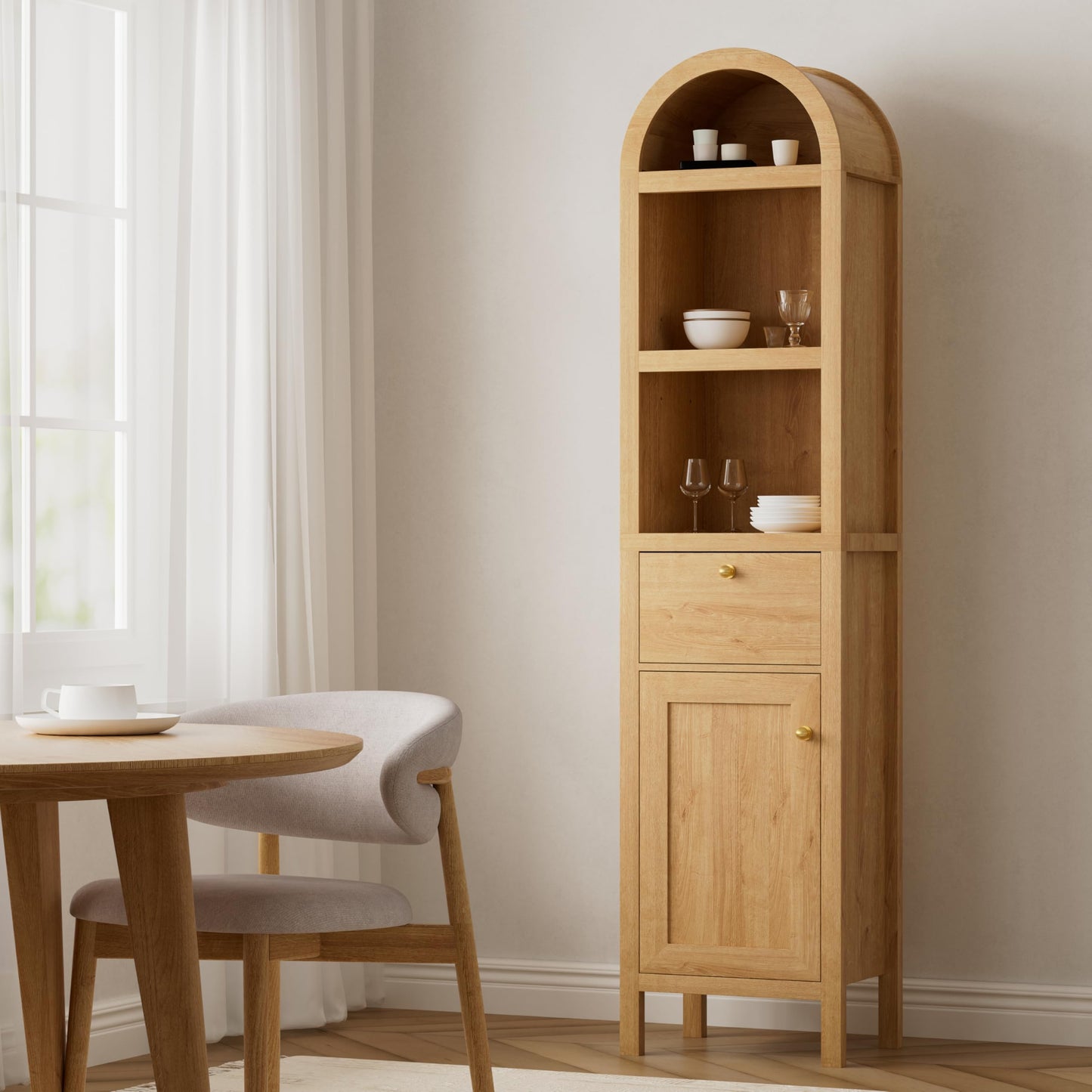 MoomJiee 67" Tall Arched Bathroom Storage Cabinet, 5 Tiers Arch Kitchen Pantry Cabinet with 1 Door and 1 Drawer, Farmhouse Arched Bookcase with 2 Adjustable Shelves for Bathroom, Kitchen, Natural Oak