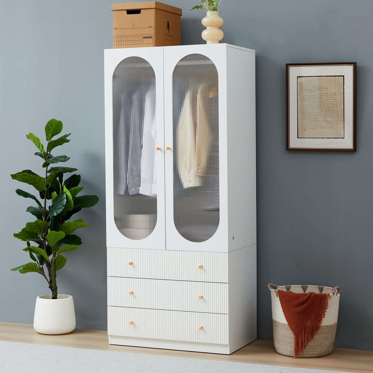 YUCHIATH 70" H Armoire Wardrobe Closet with 2 Glass Doors, Modern Wardrobe Closet with 3 Fluted Drawers and Hanging Rail, Armoire Clothing Organizer for Bedroom (White-2) (White-2)