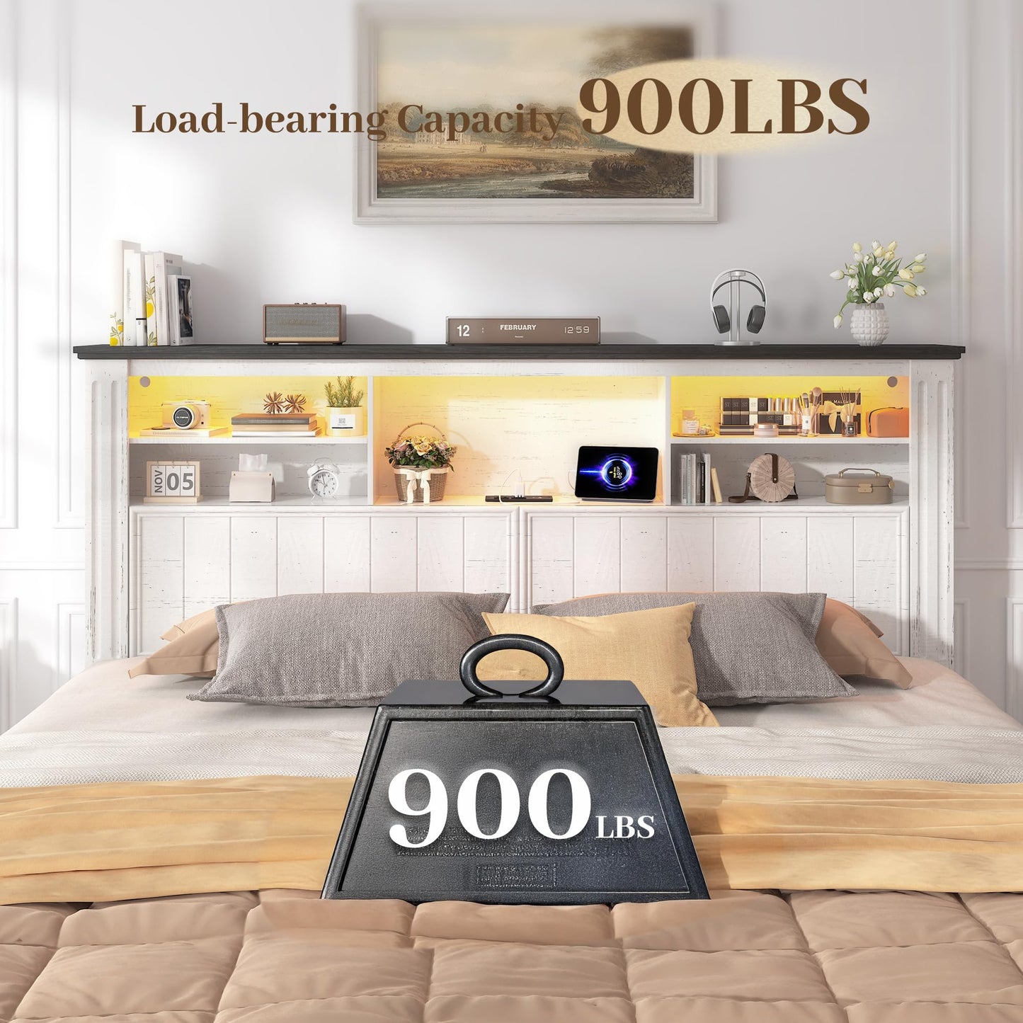 EnHomee Queen Bed Frame with Headboard, Bed Frame Queen Size with 4 Drawers Charging Port & LED, Farmhouse Queen Bed Built in Charging Station,No Box Spring Needed,NO Noise,White with Grain Marks