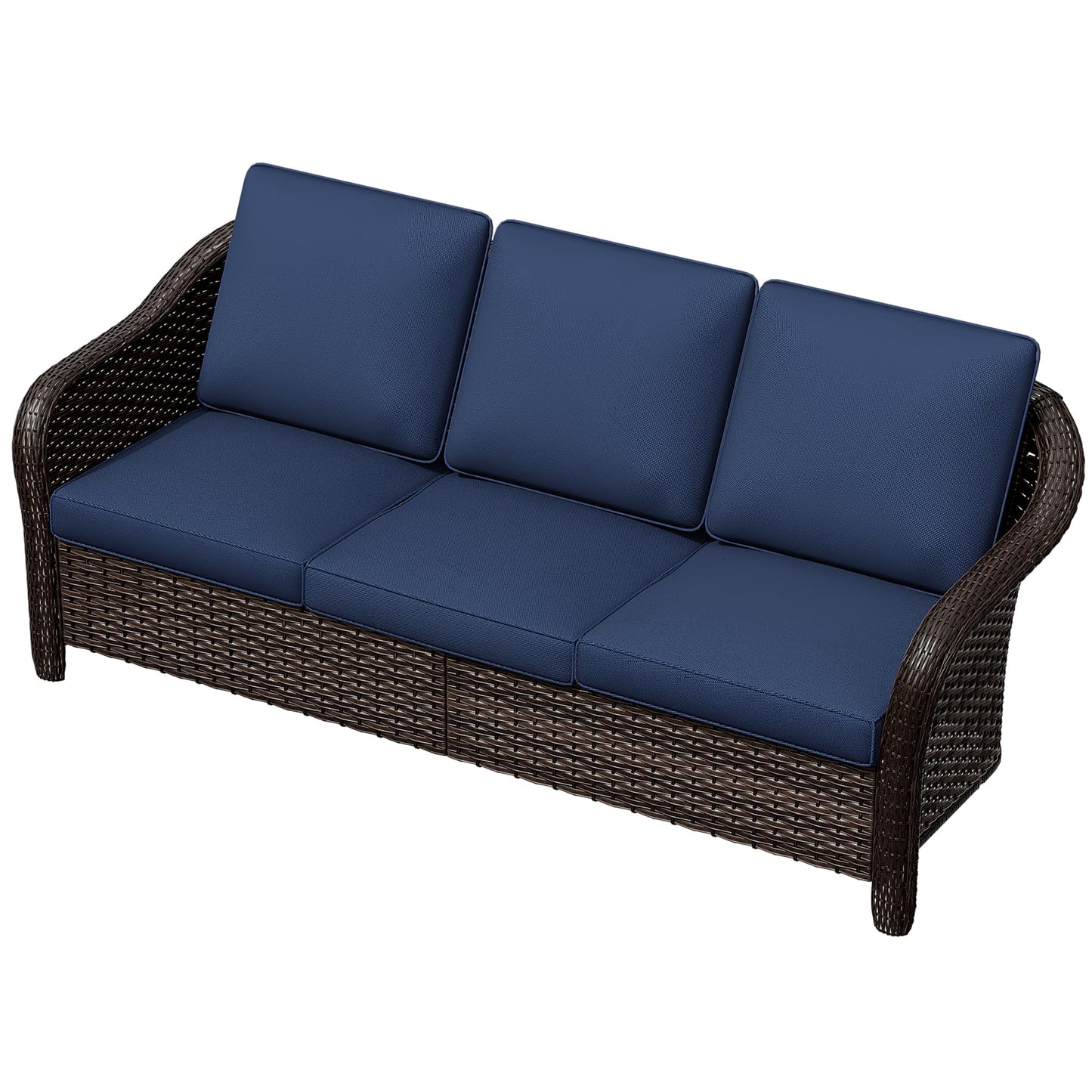 MeetLeisure 78" Wicker 3-seat Sofa, Outdoor Conversation Furniture, All-Weather Rattan Couch, Steel Frame Couch with Cushions for Garden, Poolside, Porch (Navy Blue)