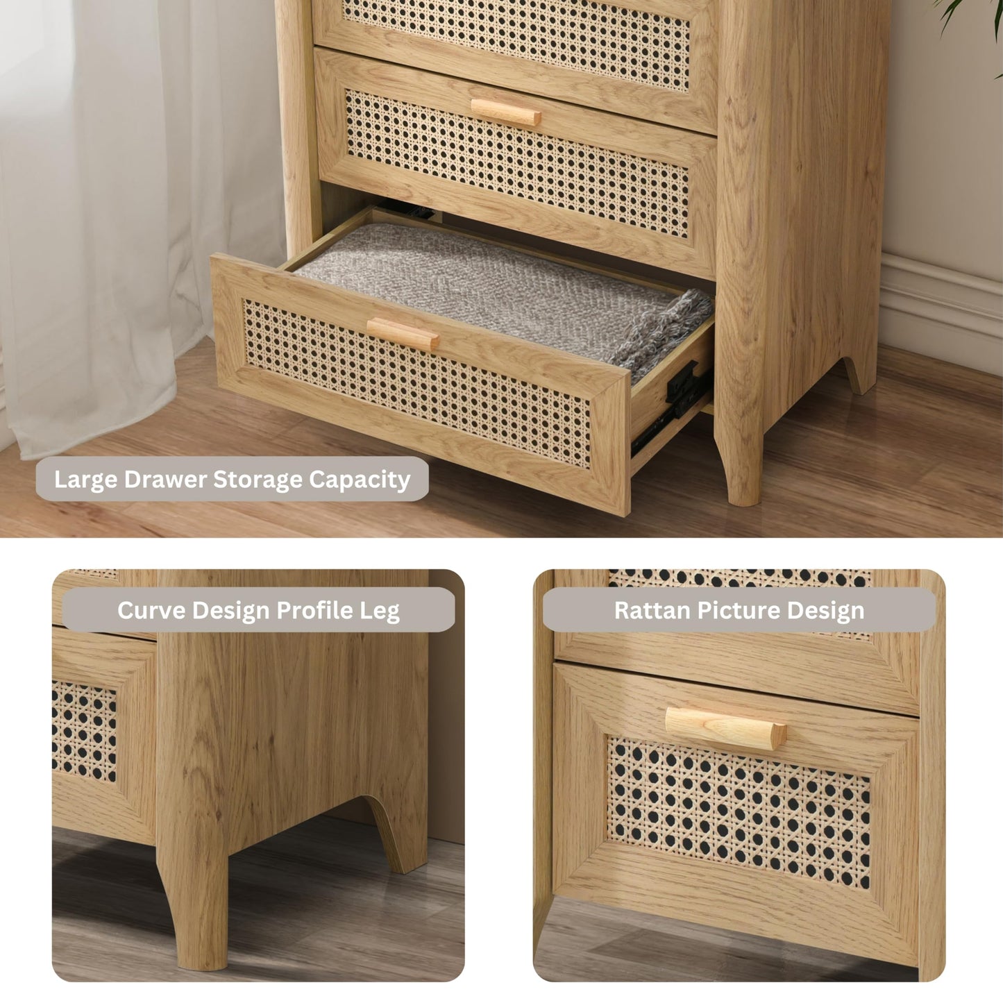 ELISA HOME Fake Rattan 5 Drawers Dresser for Bedroom, 47.2" Tall Modern Chest of Drawers, Wood Drawer Organizer for Clothes, Entryway, Hallway, Nursery or Living Room, Oak