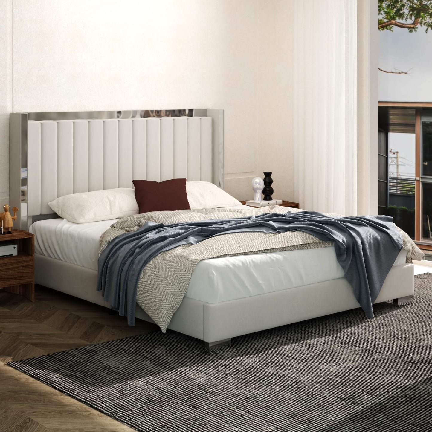 Konprosp Queen Size Bed Frame Velvet Upholstered Platform Bed with 58" Tall Headboard, Channel Tufted Wingback and Plating Trim, Solid Wooden Slats Support, No Box Spring Needed, Beige