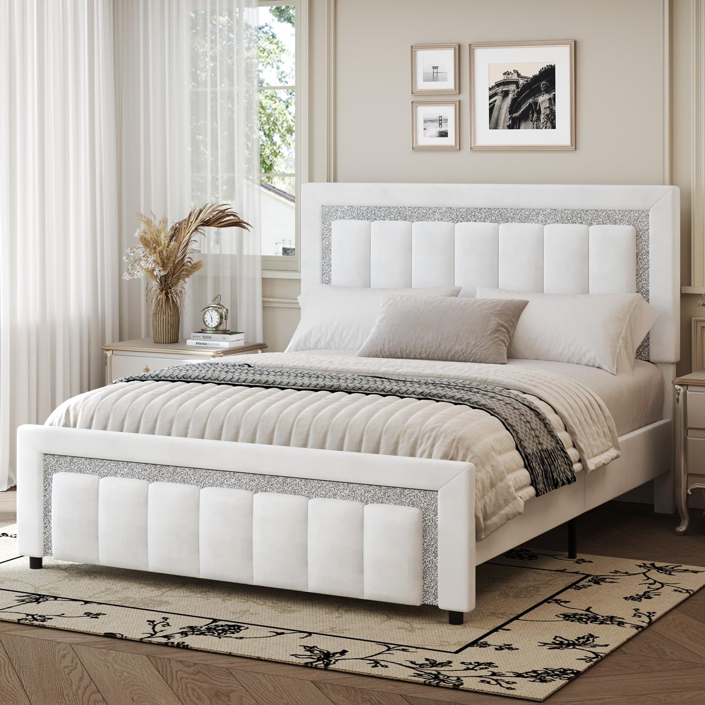 HOMBCK Full Size Bed Frame, Full Bed Frames with Upholstered Headboard, Princess Platform Bed with Diamond Design and Wooden Slats Support, No Box Spring Needed, Easy Assembly, White