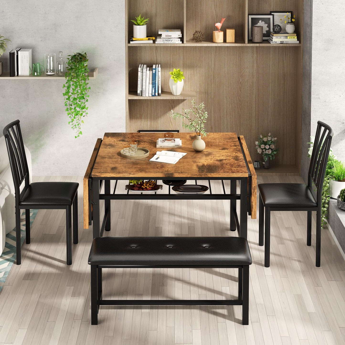 AWQM 4-Piece Faux Wood Drop Leaf Dining Table with Storage Rack, Space Saving Breakfast Nook Table Set with 2 Backrest Chairs and 1 Upholstered Bench, Kitchen Dining Table and Chairs Set for 2-4