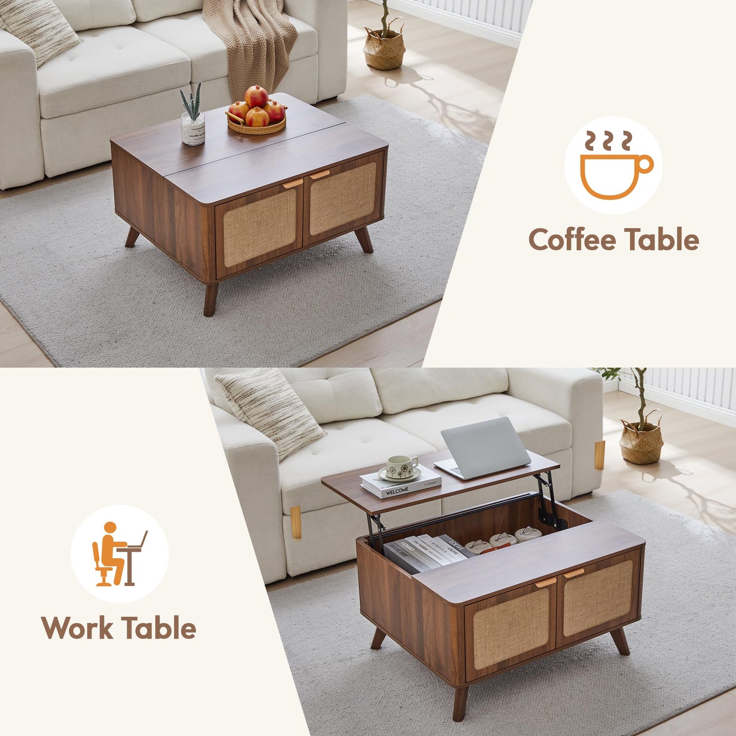 AVZEAR Wood Lift Top Coffee Table with Storage, Mid Century Modern Coffee Table with Nature Linen Doors & Large Hidden Storage, Curved Edge Center Table Farmhouse Coffee Tables for Living Room, Walnut