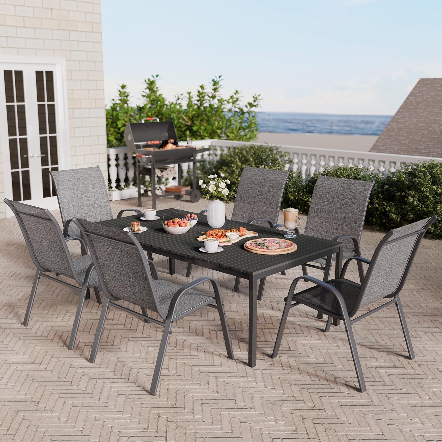Betterhood Patio Chairs Set of 4, Stackable Outdoor Dining Chairs Set with Breathable Seat Fabric, All-Weather Powder-Coated Metal Frame for Deck, Pool Side and Backyard, 350LBS Capacity (Grey)