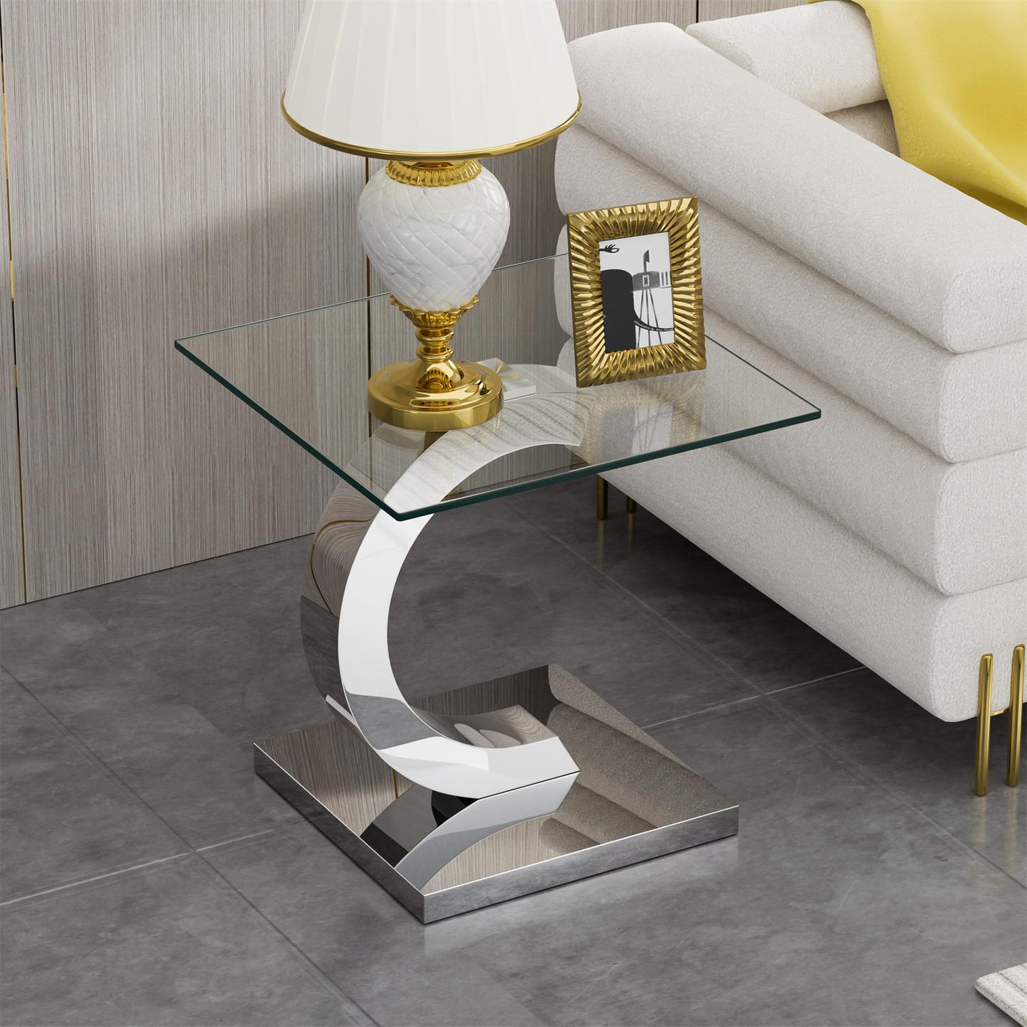 SSLine 1 Piece Living Room End Table Luxury Glass Side Table, Modern Silver End Table with C-Shape Stainless Steel Pedestal Base for Living Room Bedroom Office (1 End Table)