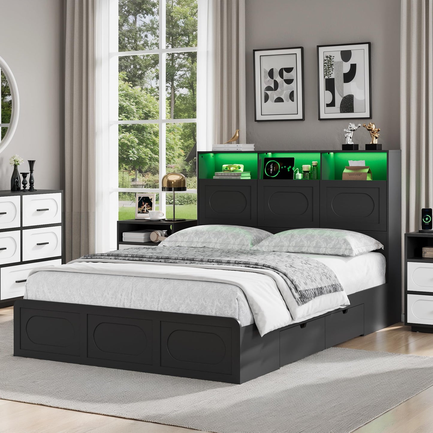Modern Black Queen Size Bed Frame with 4 Storage Drawers, 48" Tall Storage Headboard with Charging Station, Platform Bed with LED Lights, No Box Spring Needed, Easy Assembly