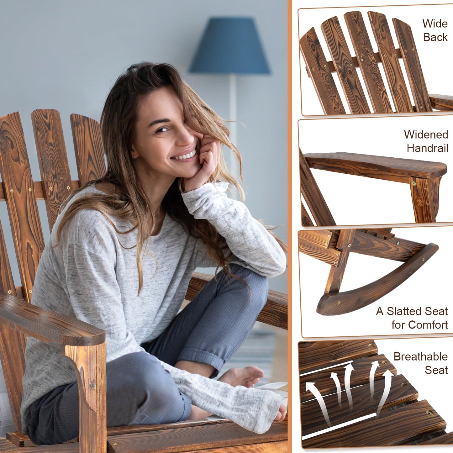 FURNDOOR 2PCS Patio Rocking Chair - Adirondack Rocker Chair Set of 2, Outdoor Wooden Rocking Chairs for Porch, Balcony, Backyard, Poolside