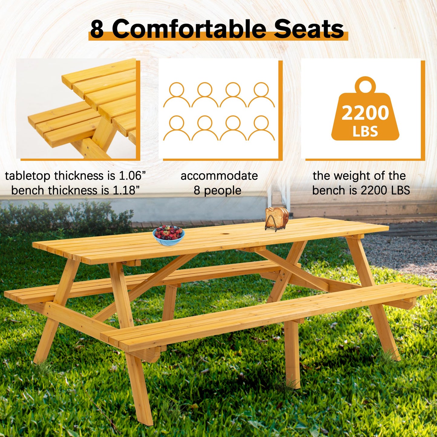 Jaxilyn Outdoor Wooden Picnic Table with Benches Camping Dining Table for Garden Patio Backyard,Natural Color (Natural, Rectangle)