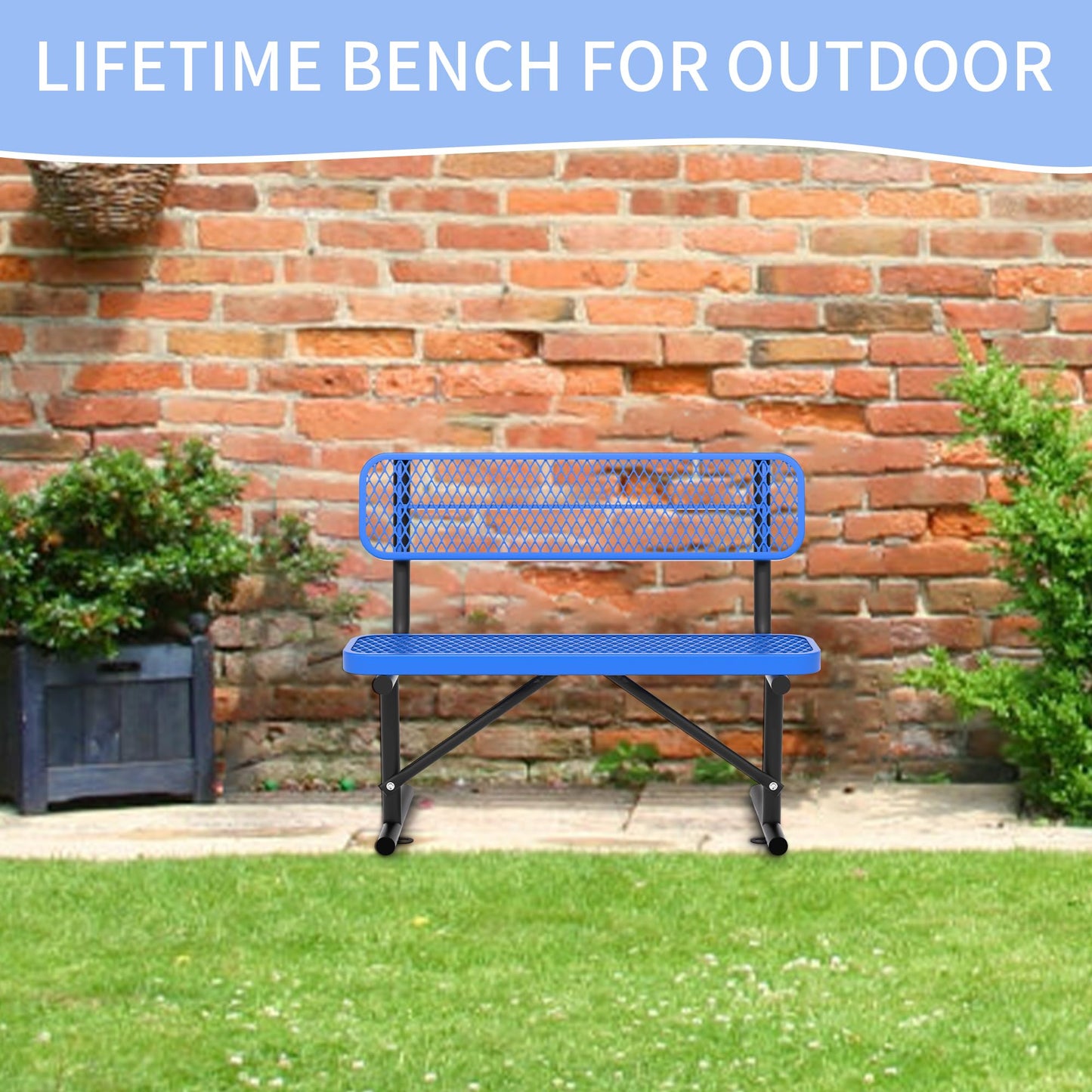Sunnibety 4 Feet Heavy Duty Metal Park Bench for Outside, Outdoor Bench with Backrest & Portable Frame, Commercial Benches for Shopping Malls, Stores, Parks, Patios, Decks, Blue