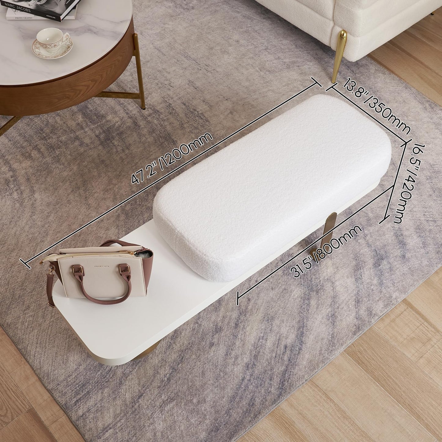 homary Entryway Bench, Wooden Bench Boucle Upholstered Bench with Abstract Metal Leg for Entryway/Bedroom/Living Room - 47.2" L x 13.8" W x 16.5" H White