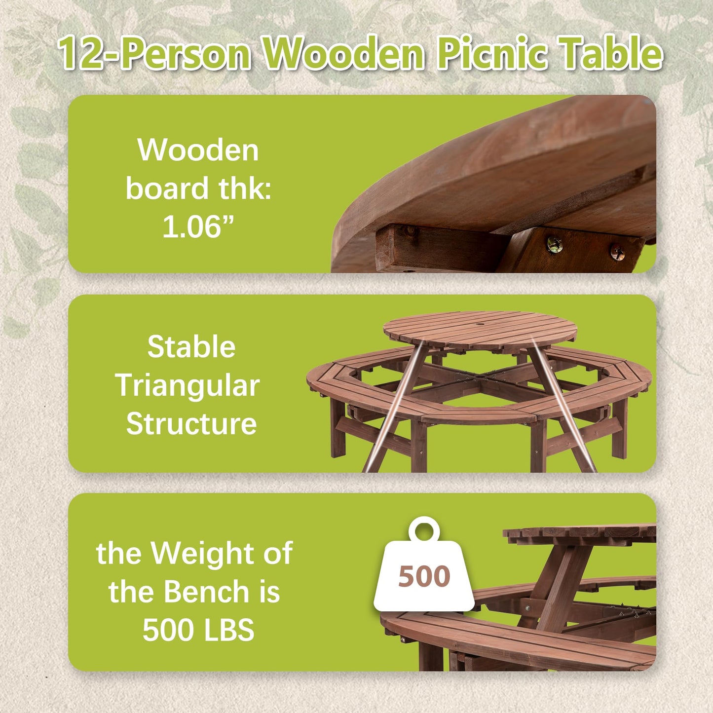 RocVanc 8-12 Person Outdoor Round Wooden Picnic Table with 8 Built-in Benches, Umbrella Hole, Lifetime Outside Table and Bench Set for Garden, Backyard, Porch, Patio and Deck