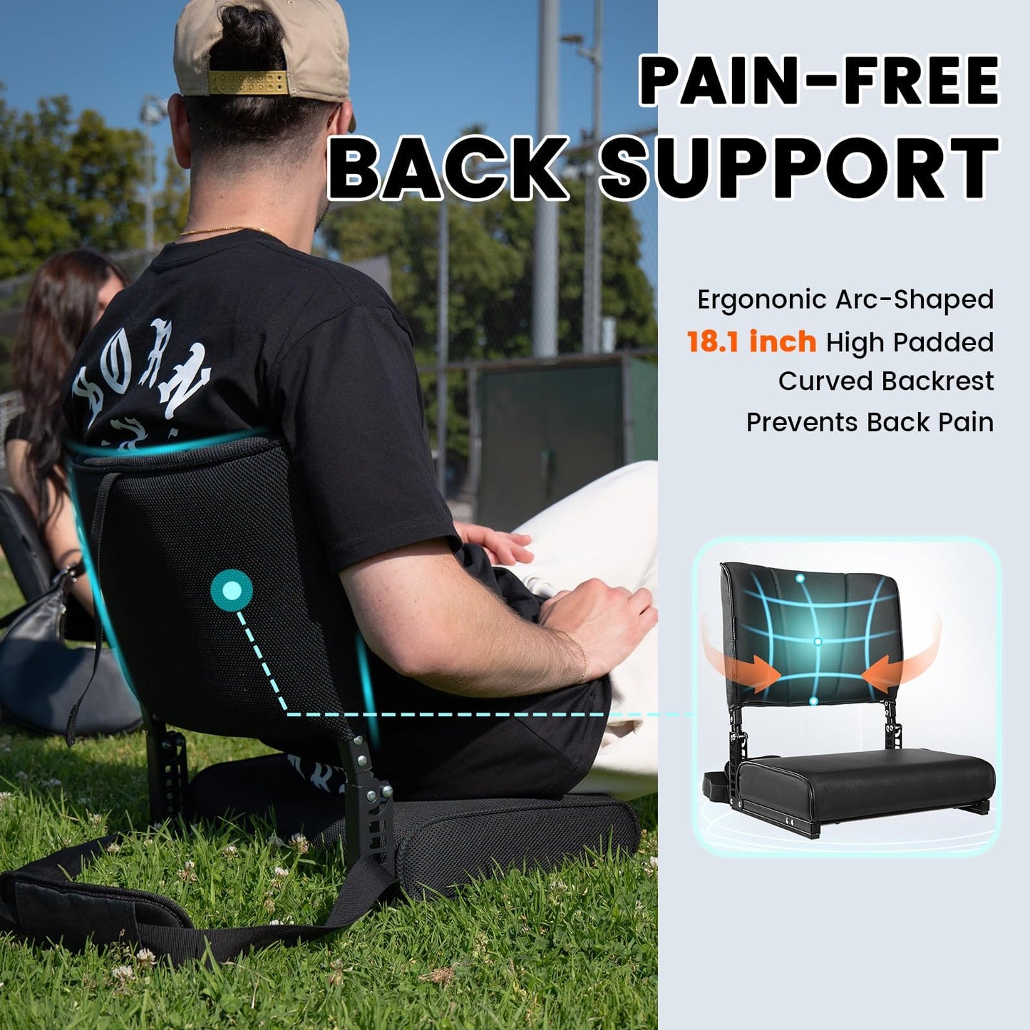 Stadium Seats with Back Support, Mesh Fabric Material Stadium Seats,Stadium Seats for Bleachers with Curved Backrest,Bleacher Chairs with Back and Cushion with Shoulder Strap,Ideal for Sports Events