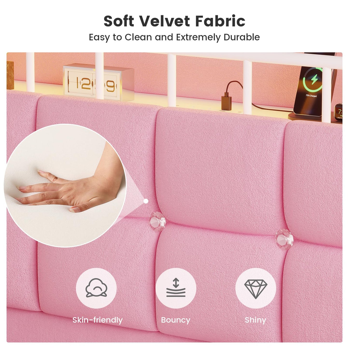 ADORNEVE Queen Size Lift Up Storage Bed with LED Lights & Storage Bookcase Headboard, Velvet Upholstered Platform Bed for Girls, Queen Bed Frame with Charging Station,Hydraulic Lift System, Pink