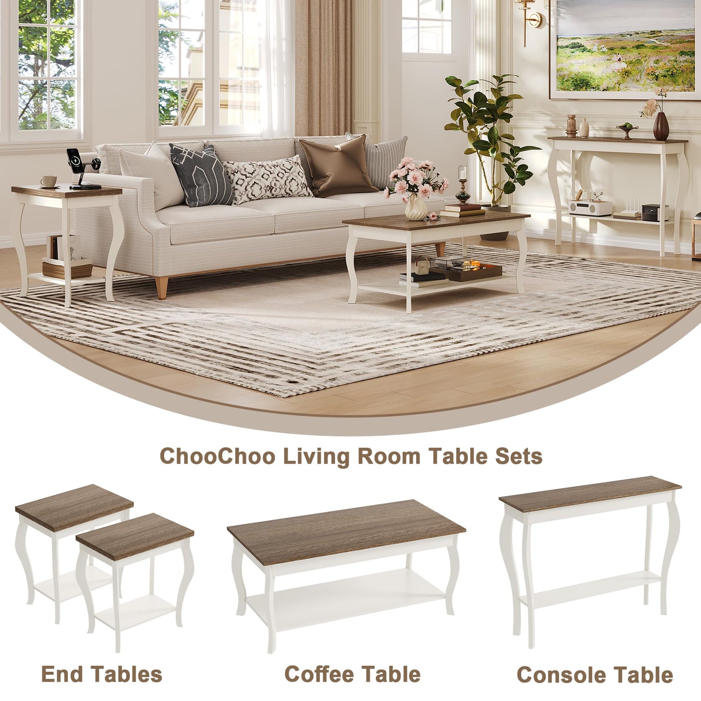ChooChoo End Tables Living Room, Side Tables Living Room with Curved Legs and Storage Shelf, Small End Tables for Small Spaces, Soft White