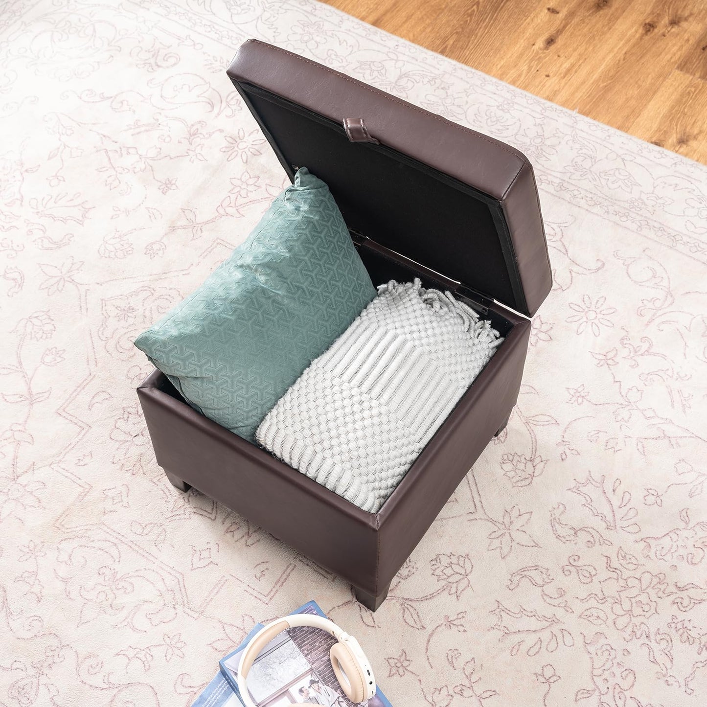 Asense 17 Inch Square Storage Ottoman,Small Foot Rest Stool for Couch, Faux Leather Upholstered Footstool Cube for Entryway Bedroom Living Room,Brown