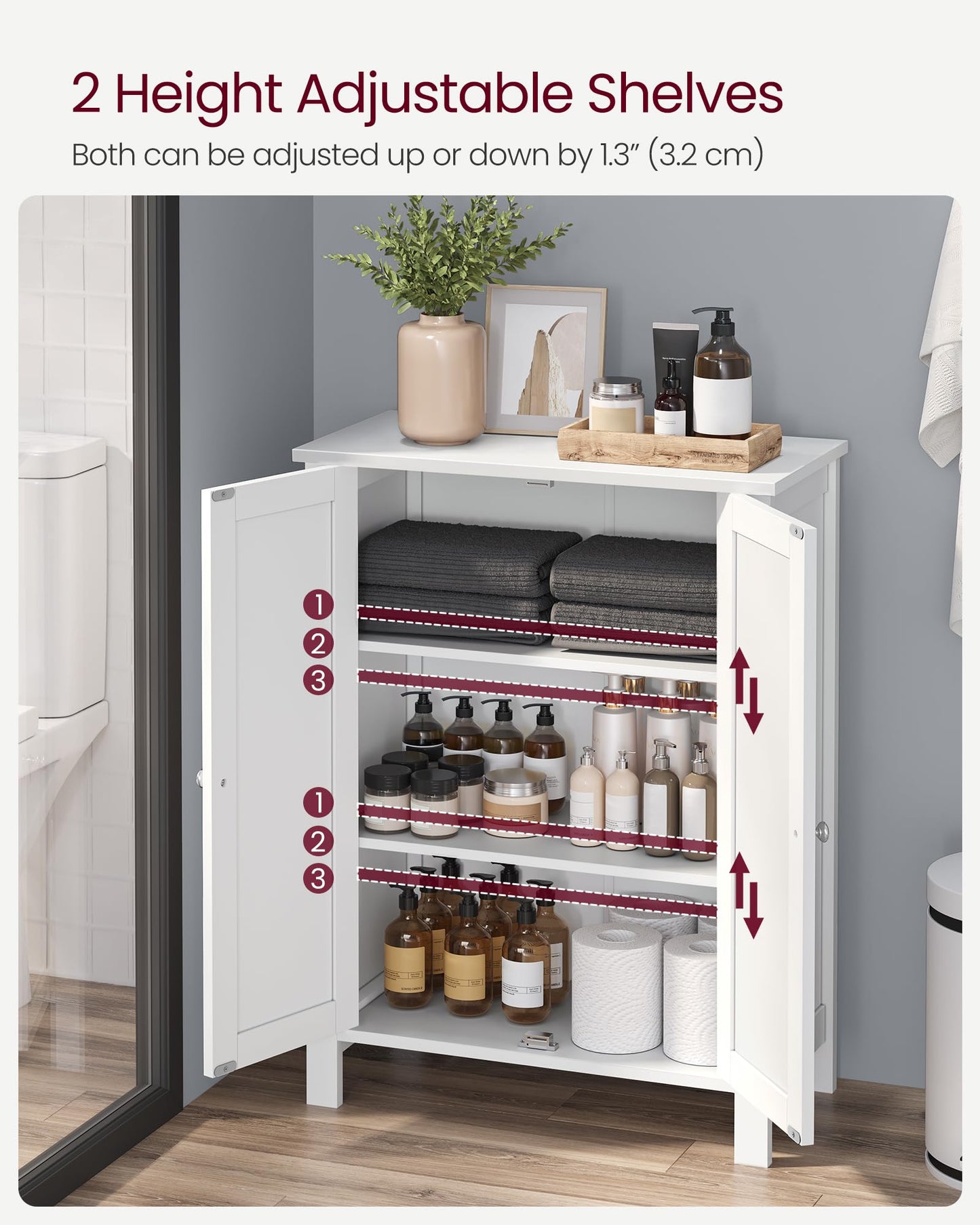 VASAGLE Bathroom Floor Storage Cabinet, Freestanding Bathroom Storage Unit with 2 Adjustable Shelves, 11.8 x 23.6 x 31.5 Inches, White UBCB60W