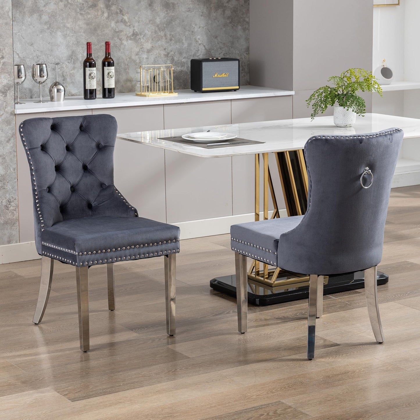 GOOLON Dining Room Chairs Set of 4, Tufted Velvet Chairs with Modern Stainless Steel Legs, Rivet Trim Metal Pull Ring Large Back for Kitchen Dining Room Restaurant, Dark Gray