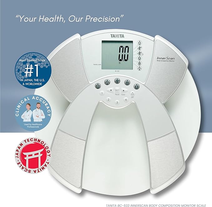 Tanita BC-533 Digital Bathroom Scale - Japan Technology Clear Glass Smart Innerscan Body Composition Monitor, Measures Weight, Body Fat, Muscle Mass, BMI, Bone Mass, Visceral Fat - FSA/HSA Eligible