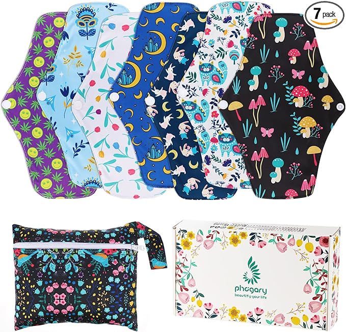 PHOGARY Reusable Menstrual Pads, Bamboo Cloth Pads for Heavy Flow with Wet Bag, Large Sanitary Pad Set with Wings for Women, Washable Overnight Cloth Panty Liners Period(7 in 1, Style G)