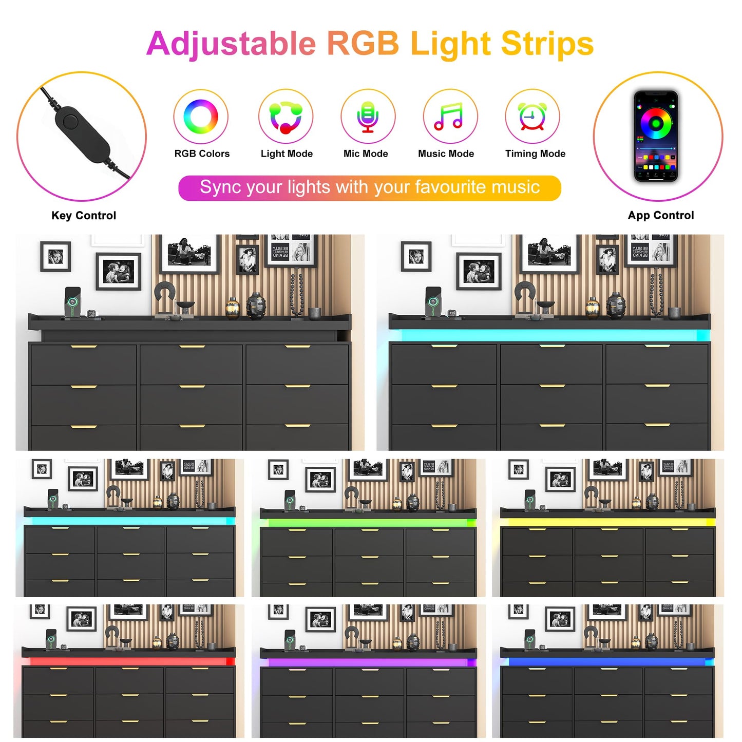 knoworld 9 Drawer Dresser for Bedroom, Black Dresser with LED Lights and Power Outlet, Large Dresser Wooden Long Dresser, Triple Wide Drawer Dresser for Bedroom, Entryway, Hallway