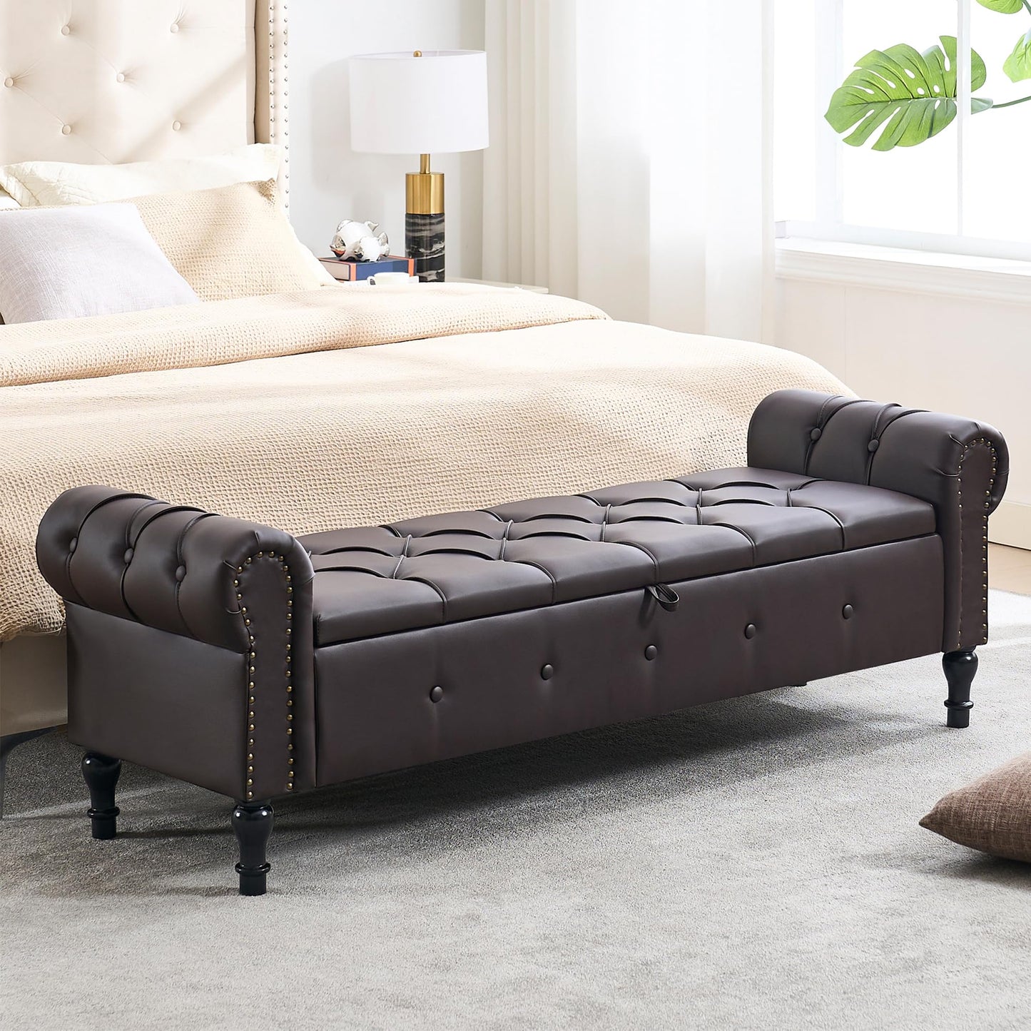 HOMYKA Storage Bench for Bedroom, 67" End of Bed Bench, Faux Leather King Size Bench with Rolled Arms, Tufted Button Ottoman Benches, Upholstered Bench for Bedroom, Living Room, Entryway, Dark Brown