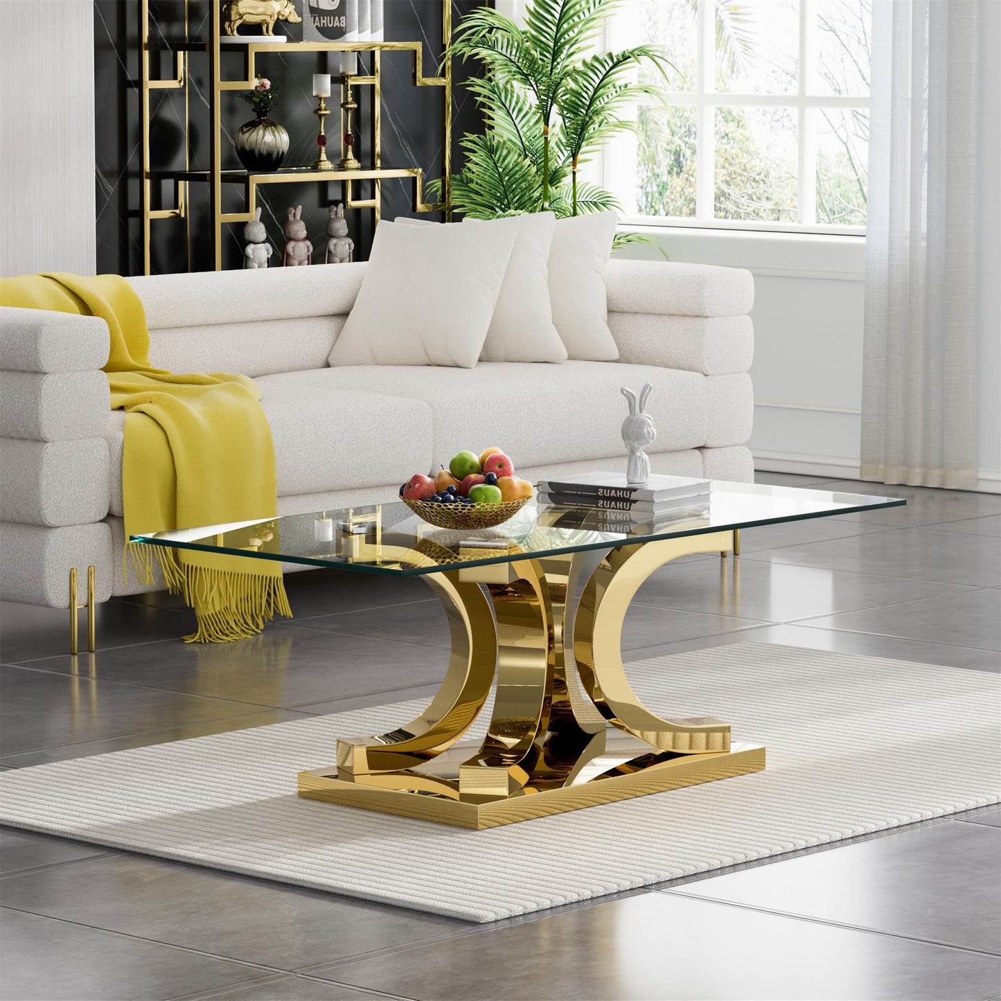 SSLine Modern 1 Piece Living Room Coffee Table Luxury Tempered Glass Coffee Table with C-Shaped Stainless Steel Base for Living Room Bedroom Office (1 Coffee Table)