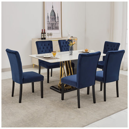 adochr Velvet Dining Kitchen Chair Set of 6, Parsons Upholstered Dining Room Chair, Wood Accent Chair with Nailed Trim, Blue