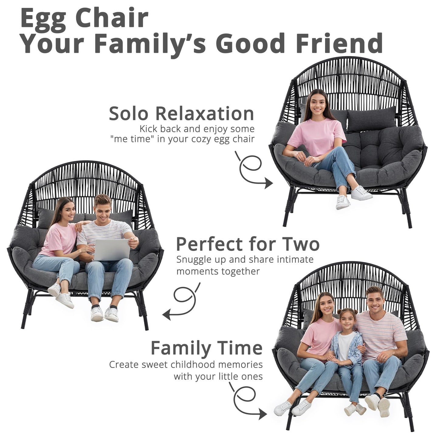 IRONCK Double Egg Chair Outdoor, 2 Person Wicker Lounge Chair, Oversized Thickened Padded Cushions and Headrests, 680 Lbs Egg Loveseat for Indoor, Patio, Living Room, Porch, Balcony, Dark Grey