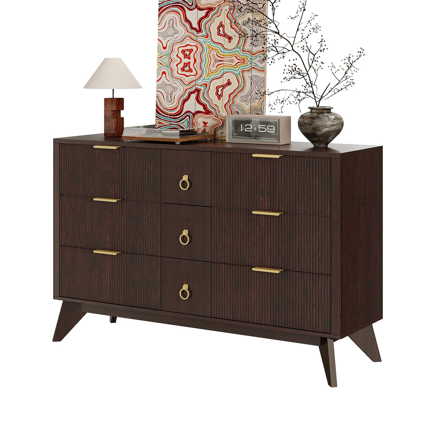 LIKIMIO Dresser for Bedroom 9 Drawers with LED Light, 55" Wide Fluted Chest of Drawers, Wood Closet Organizer, TV Stand for Living Room, Walnut