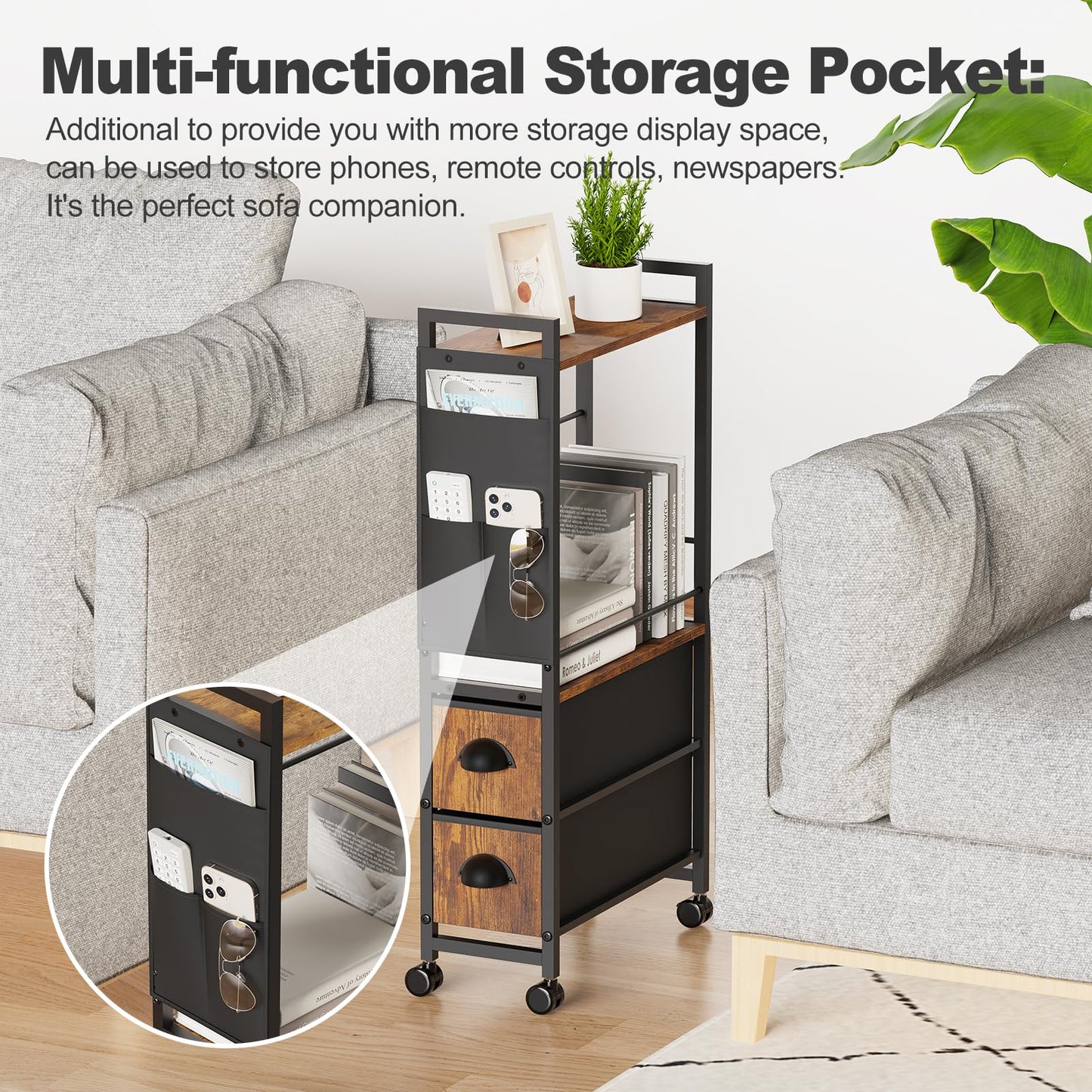 Oppro Small Narrow Side End Table with Drawer for Small Spaces, Slim Nightstand Bedside Sofa Table with Wheels, Space Saving Skinny Thin Couch Coffee Desk with Storage Bag for Bedroom Living Room