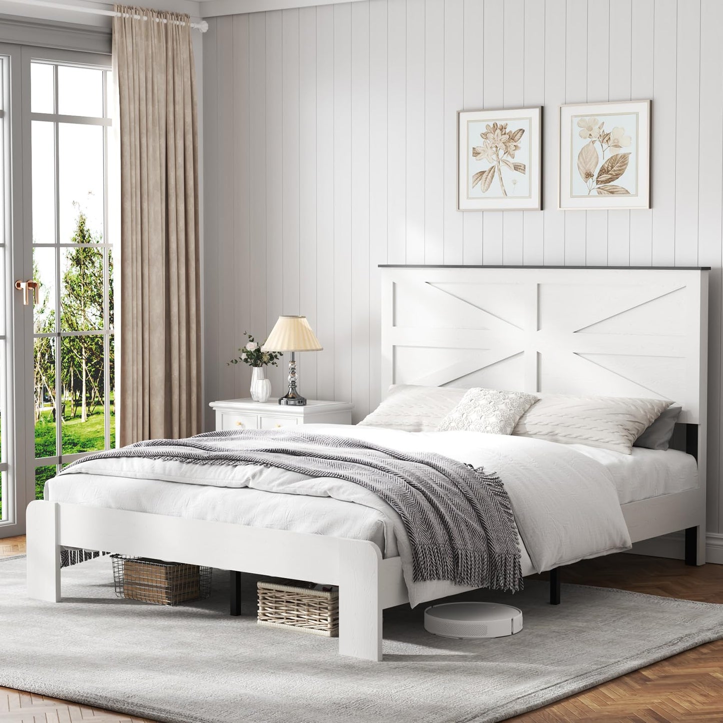 SAMTRA Wooden Bed Frame Queen Size with Headboard, Farmhouse Platform Bedframe with Wood Slat Support, Sturdy Framework Bed Frame, Easy Assembly (Rustic White)