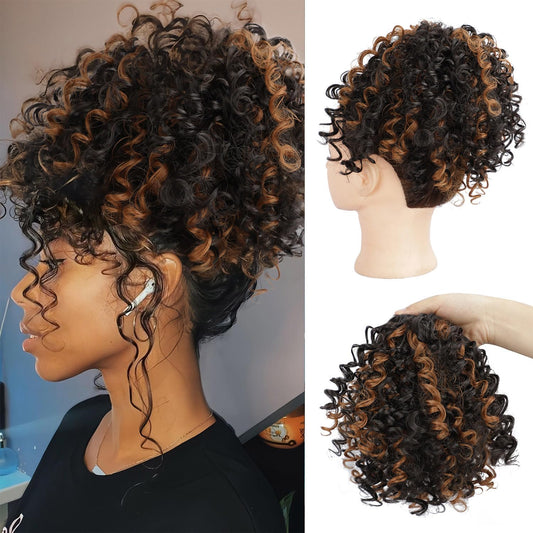DOROJJ Curly Drawstring Ponytail Extension for Black Women Ponytail Extension Drawstring Ponytail Curly Hair Extensions for Women Short Ponytail for Black Women(Black with Caramel Brown)