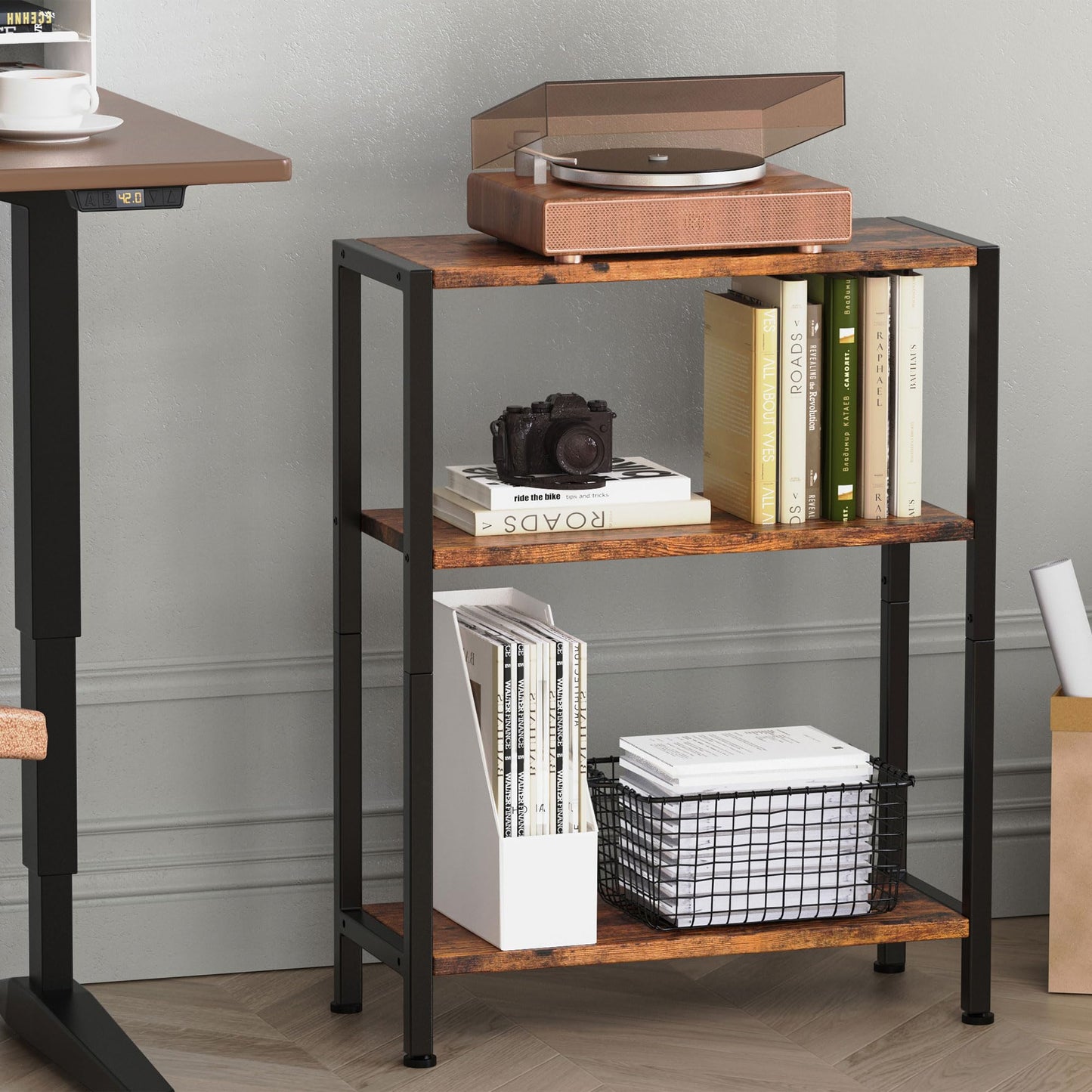 Vantimo 3-Tier Side Table, Small End Table, Sofa Side Table for Narrow Spaces, Slim End Table, Nightstand Table, for Living Room Bedroom Office, Rustic Brown