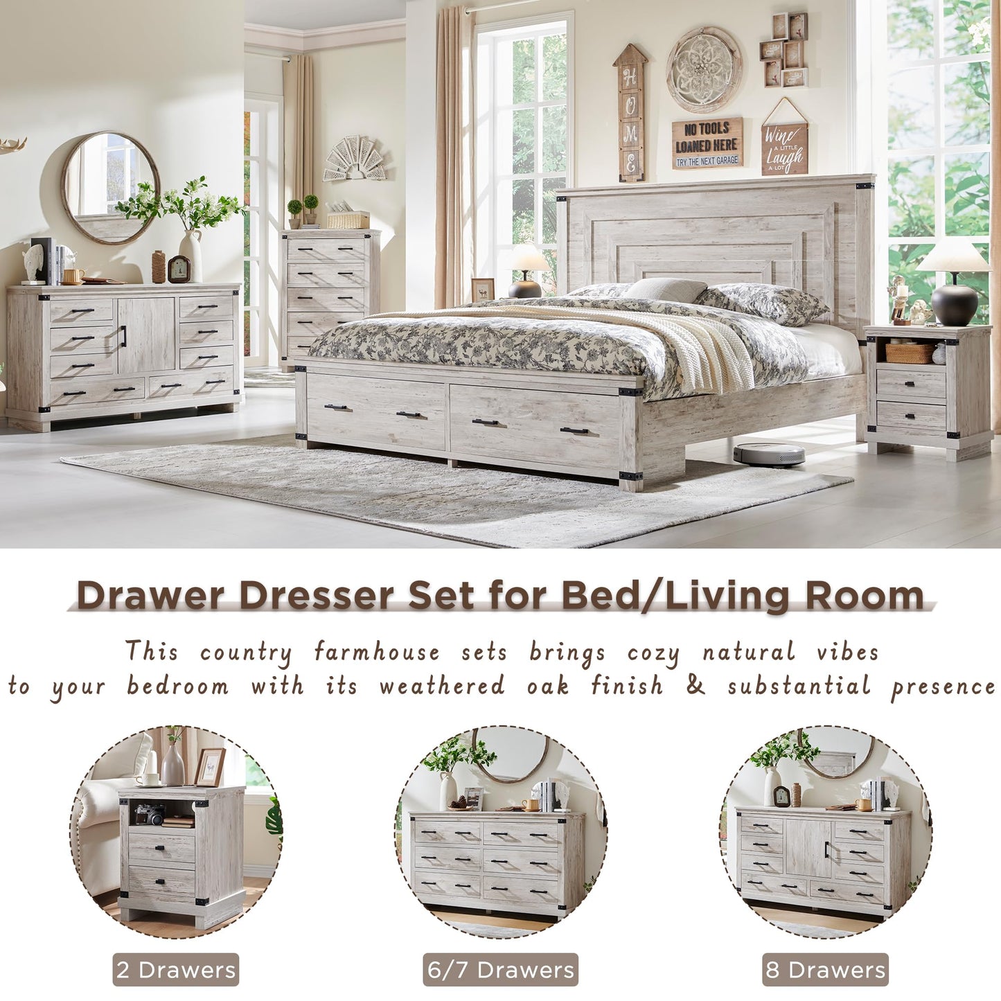 T4TREAM Farmhouse 5 Drawers Dresser for Bedroom, 48" Tall Wood Chest of Drawers w/Natural Texture & Metal Handle, Rustic Storage Dressers Organizer for Living Room, Hallway, Antique Brush White
