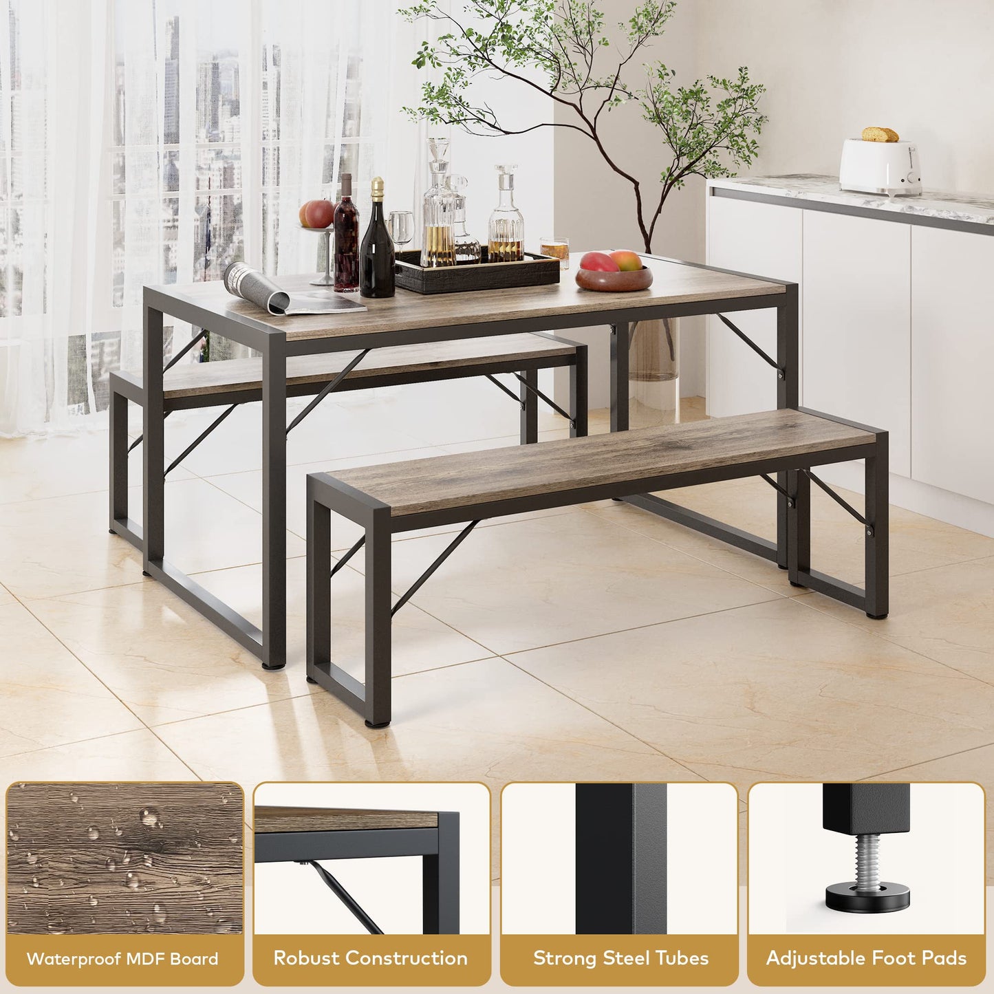Gizoon 45.5" Dining Table Set for 4 with 2 Benches, Kitchen Table Set with Metal Frame & MDF Board, Space-Saving Dinette for Kitchen, Dining Room -Grey